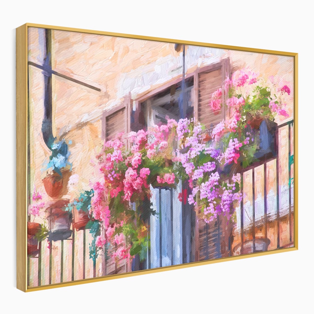 Tablou canvas cu pictura cu balcon plin de flori roz, in rama de aluminiu auriu